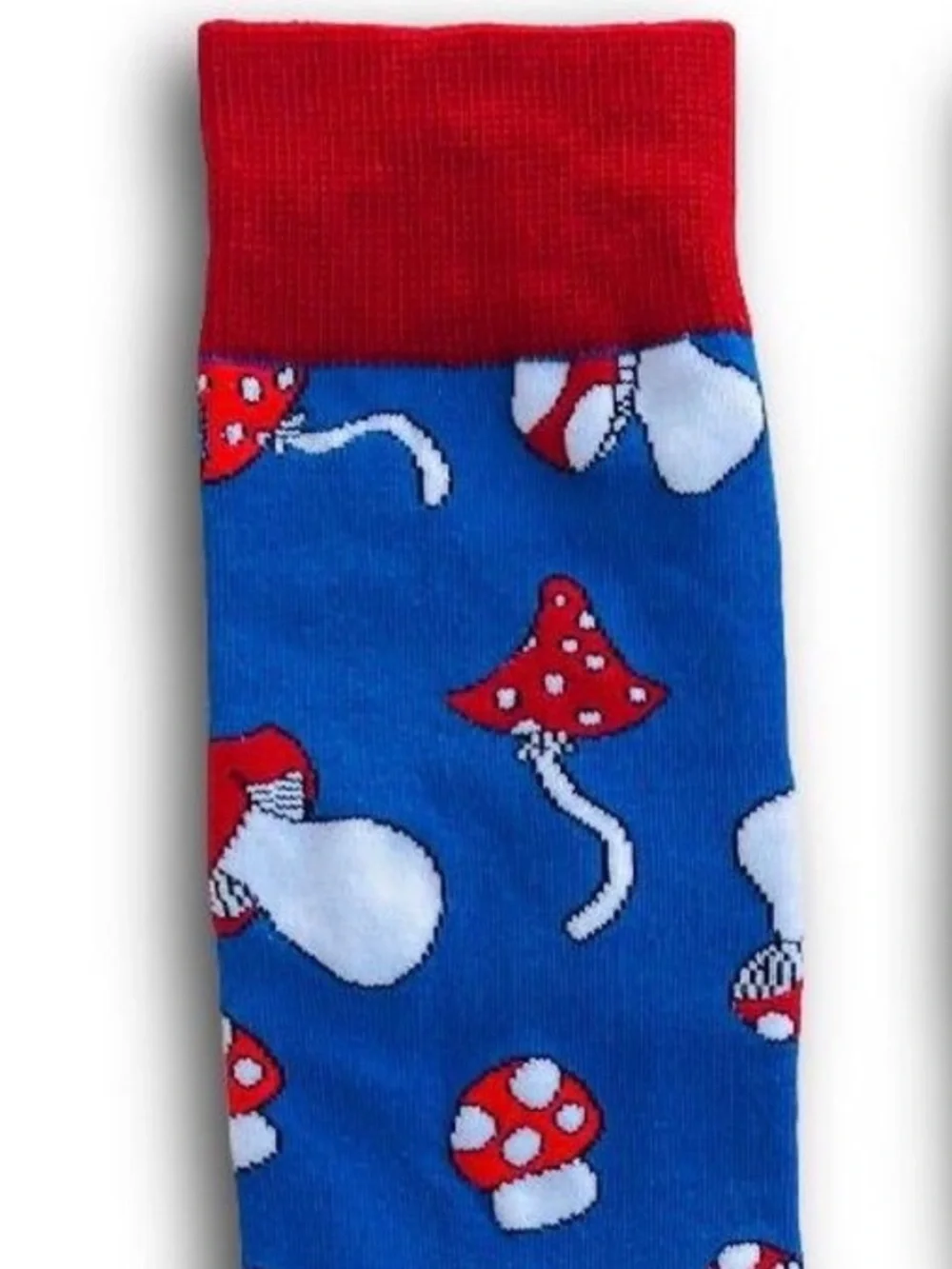 Whimsical Mushroom Novelty Crew Socks - Blue & Red - Unisex